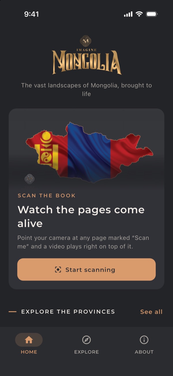 The Imagine Mongolia app home screen